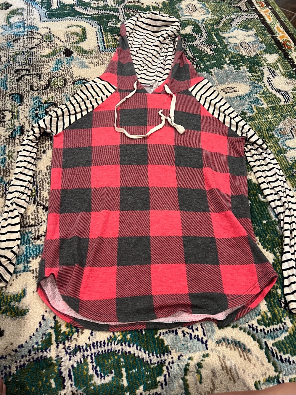Plaid Hooded Long Sleeve Tee in Red and Black with Striped Sleeves
